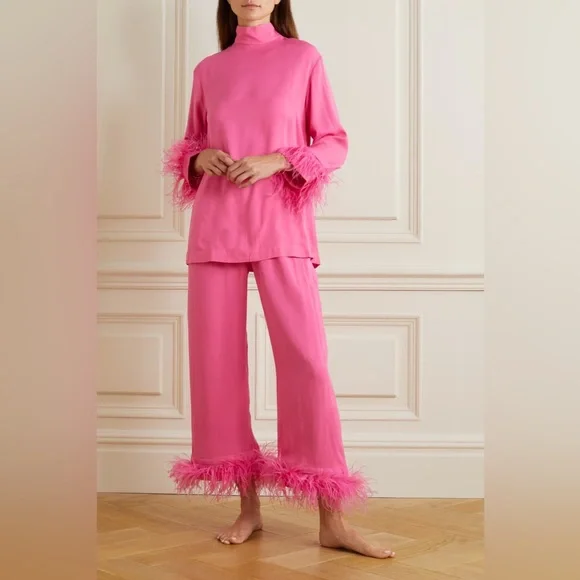 DAILY SLEEPER Black Tie Pajama with Detachable Feathers in Hot Pink
